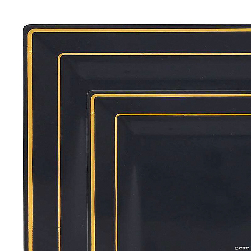 Black with Gold Square Edge Rim Plastic Dinnerware Value Set (120 Dinner Plates + 120 Salad Plates) Image