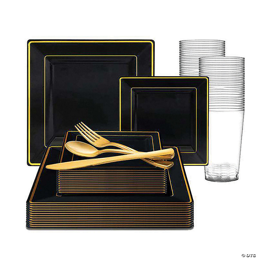 Black with Gold Square Edge Rim Plastic Dinnerware Value Set (120 Settings) Image