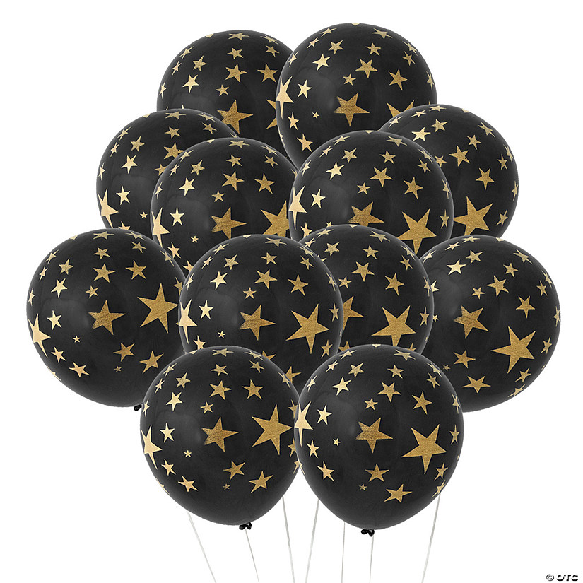 Black with Gold Stars 11" Latex Balloons - 24 Pc. Image