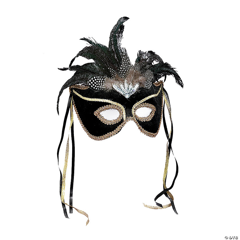 Black with Gold Trim & Feathers Venetian Masquerade Mask
