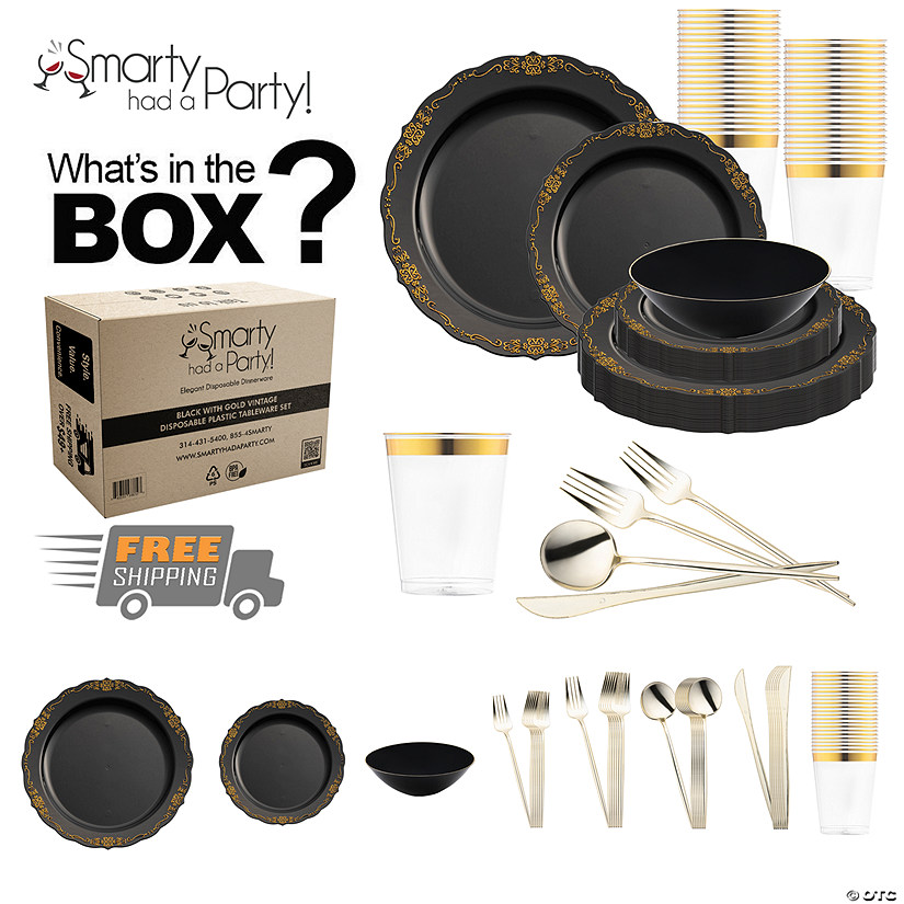 Black with Gold Vintage Disposable Plastic Tableware Set - 60 Settings Image