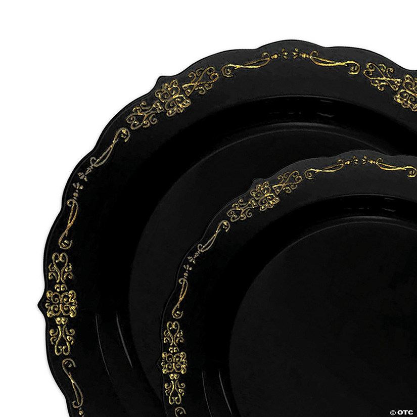 Black with Gold Vintage Rim Round Disposable Plastic Dinnerware Value Set (120 Dinner Plates + 120 Salad Plates) Image