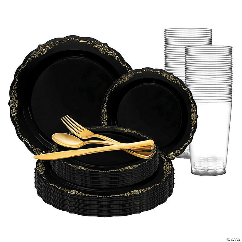 Black with Gold Vintage Rim Round Disposable Plastic Dinnerware Value Set (120 Settings) Image