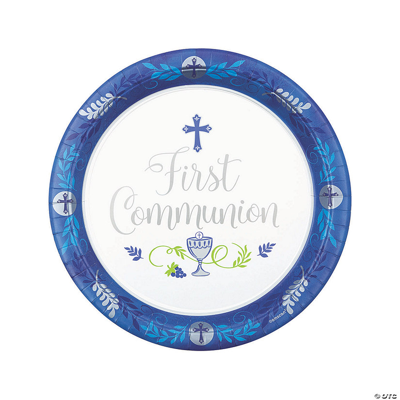 Blue 1st Communion Paper Dinner Plates - 18 Ct. Image