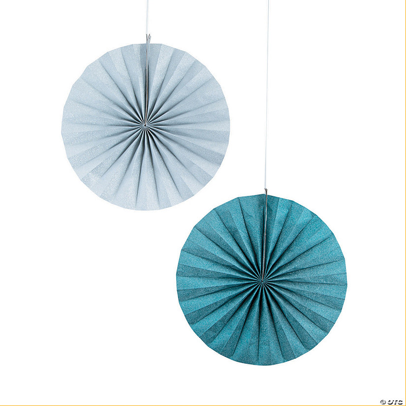 Blue & Silver Glitter Hanging Paper Fans - 6 Pc. Image