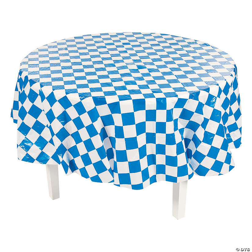 Blue & White Checkered Round Plastic Tablecloth Image