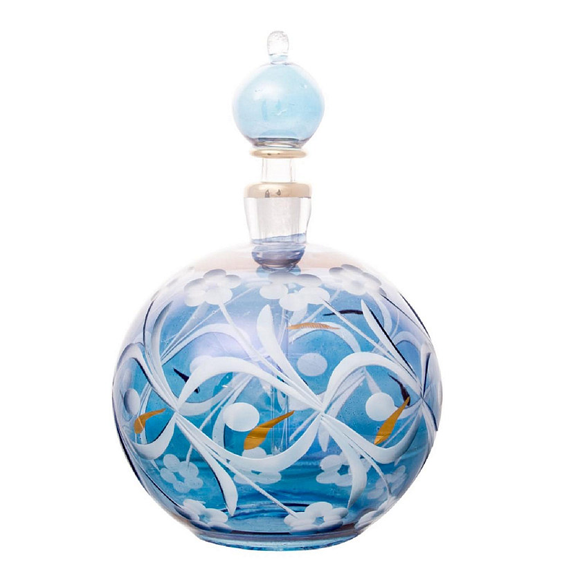 Blue Etched Ball Egyptian Blown Glass Perfume Bottle Made in Egypt New Image
