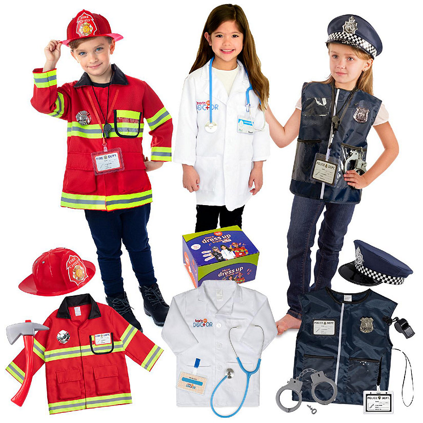 Born Toys Premium 16pcs Costume Dress up Set for Kids Ages 3-7 Fireman, Police Costume, and Doctor Image