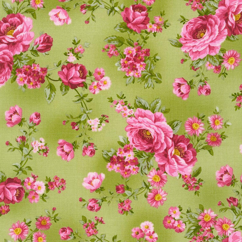 Bouquet of Roses Medium Bouquets Sage Green Cotton Fabric by Robert Kaufman BTY Image