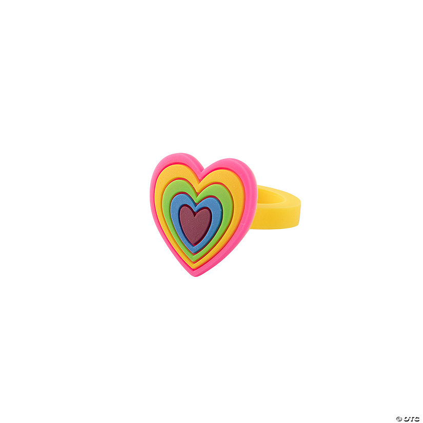 Bright Rainbow Heart Rings - 12 Pc. Image