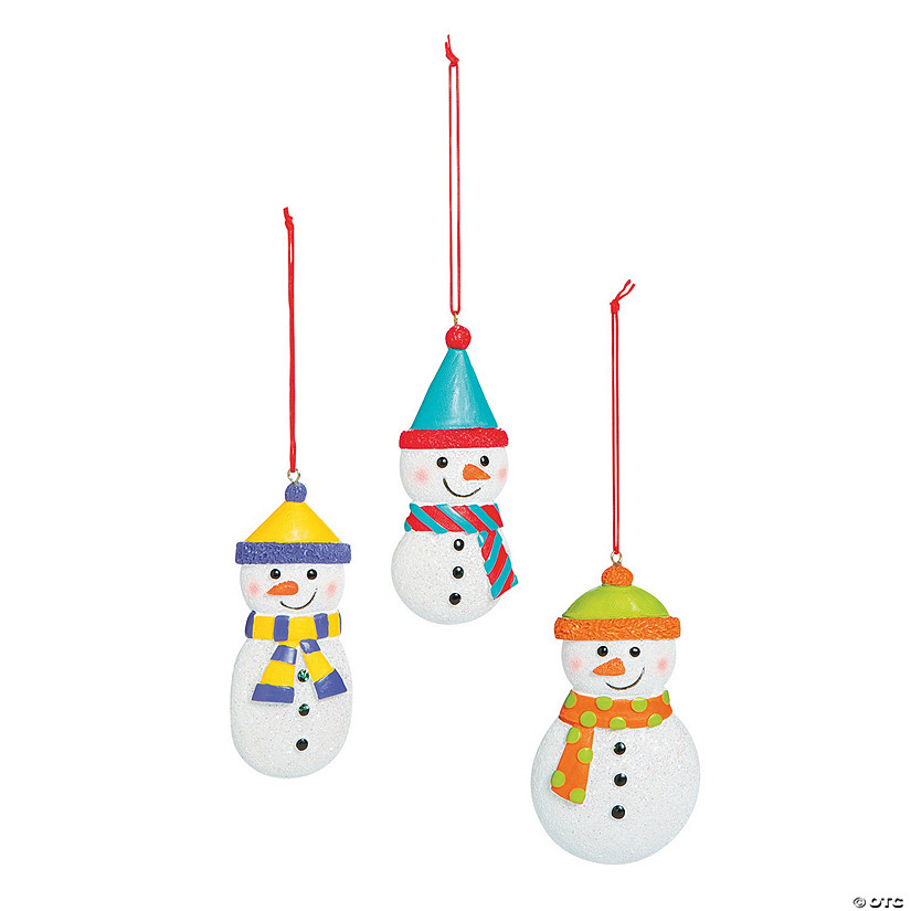 Bright Snowman Stocking Cap Resin Christmas Ornaments - 12 Pc. Image