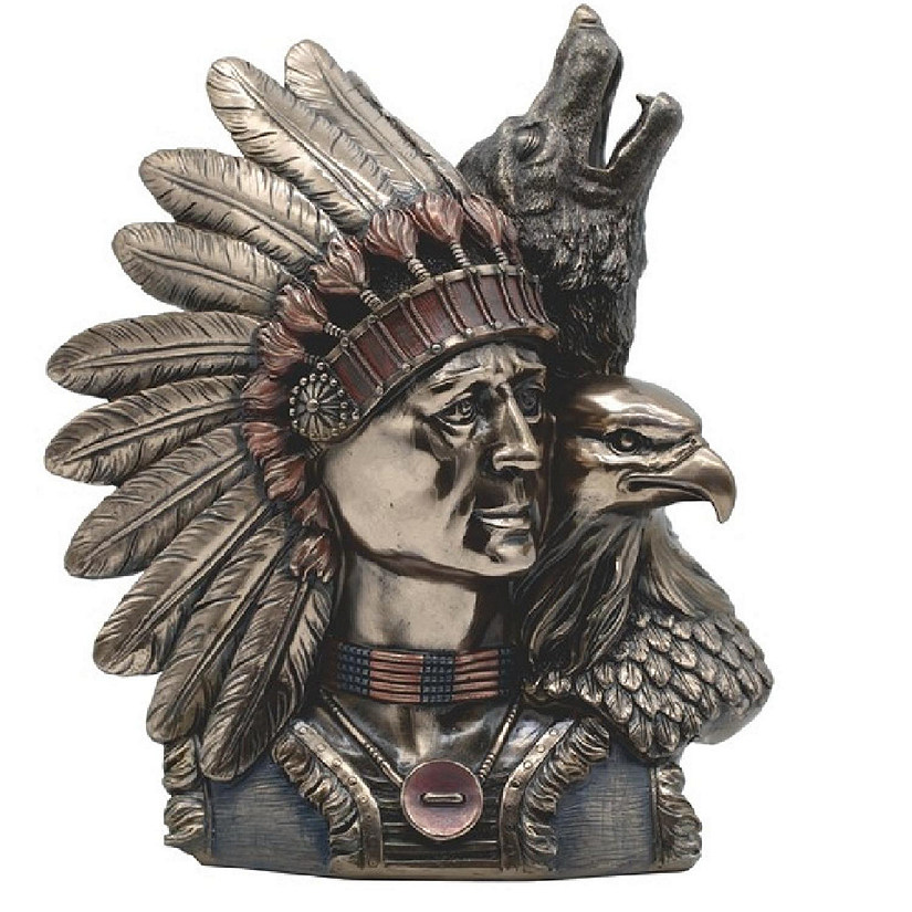 Bronze Indian Chief With Wolf And Eagle Bust Figurine Image