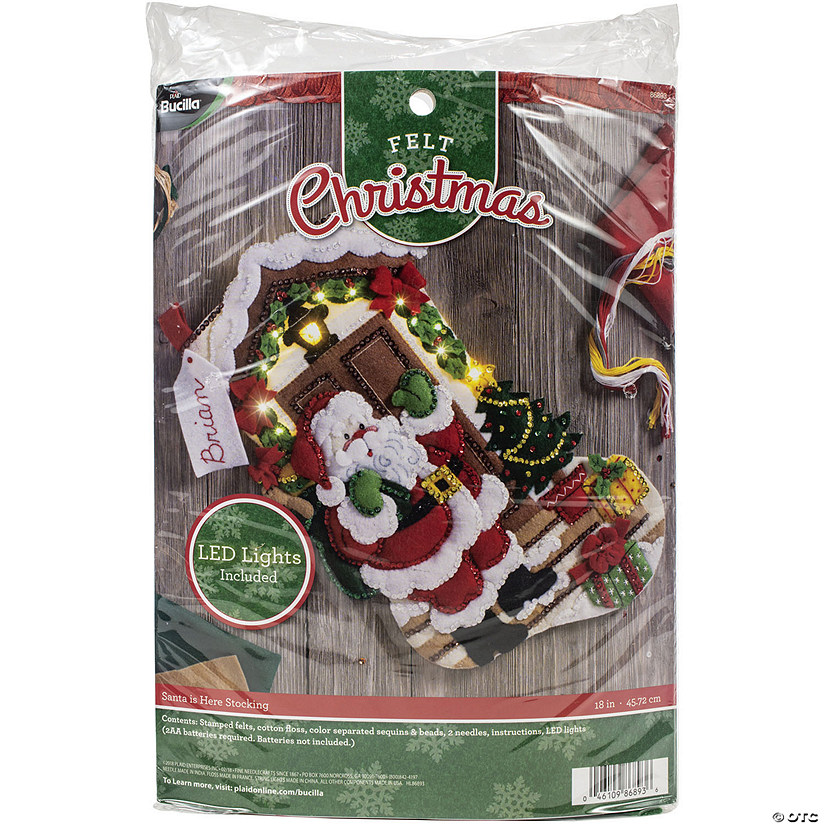 Bucilla Felt Stocking Applique Kit 18" Long- Santa Is Here with LED Lights Image