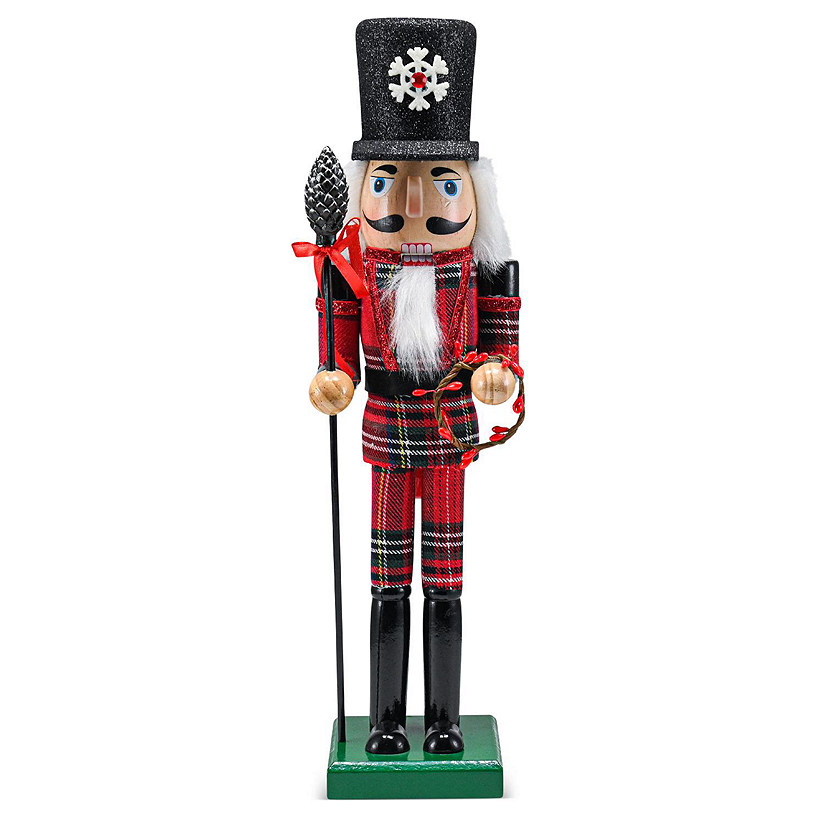 Buffalo Plaid Nutcracker Red and Black Wooden Nutcracker Soldier with an Acorn Staff and Holly Berries Wreath Image
