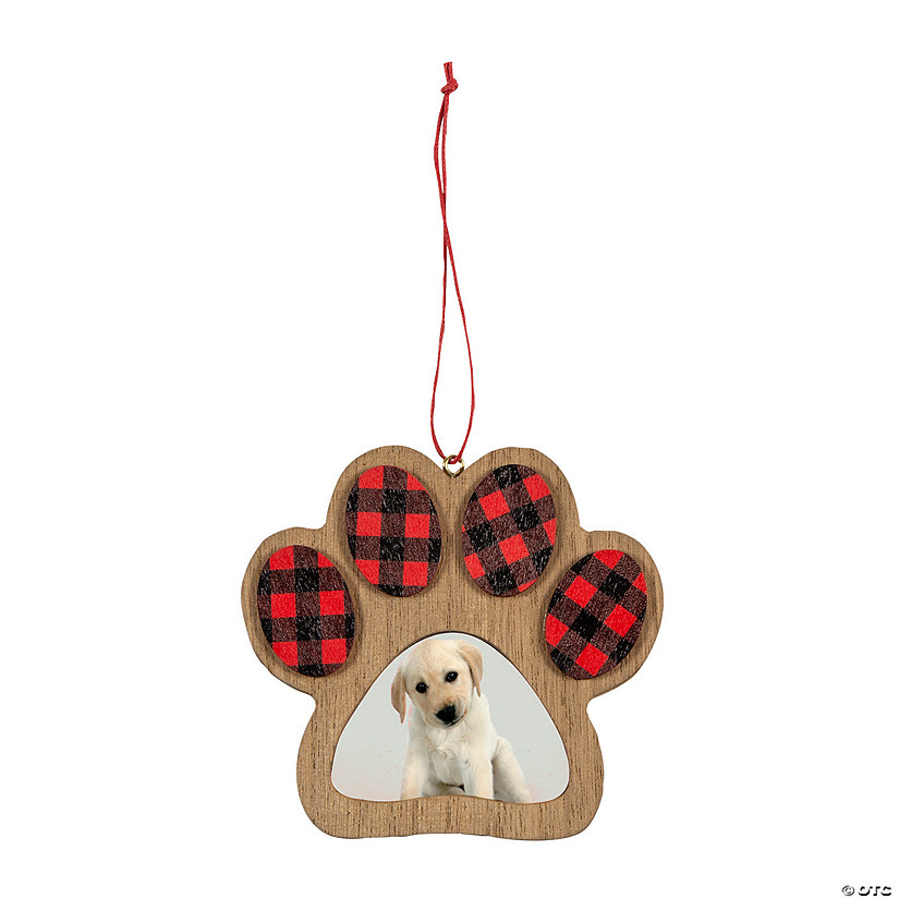 Buffalo Plaid Paw Print Pet Photo Wood Christmas Ornament Image