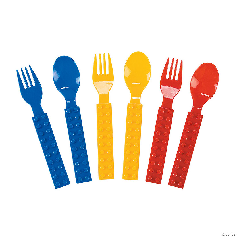 Building Block Party Disposable Plastic Fork & Spoon Set - 16 Ct. Image