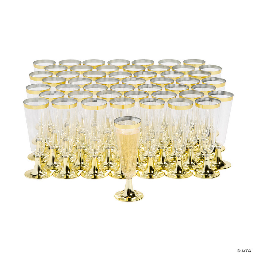 Bulk  100 Ct. Clear Plastic Champagne Flutes with Gold Trim Image