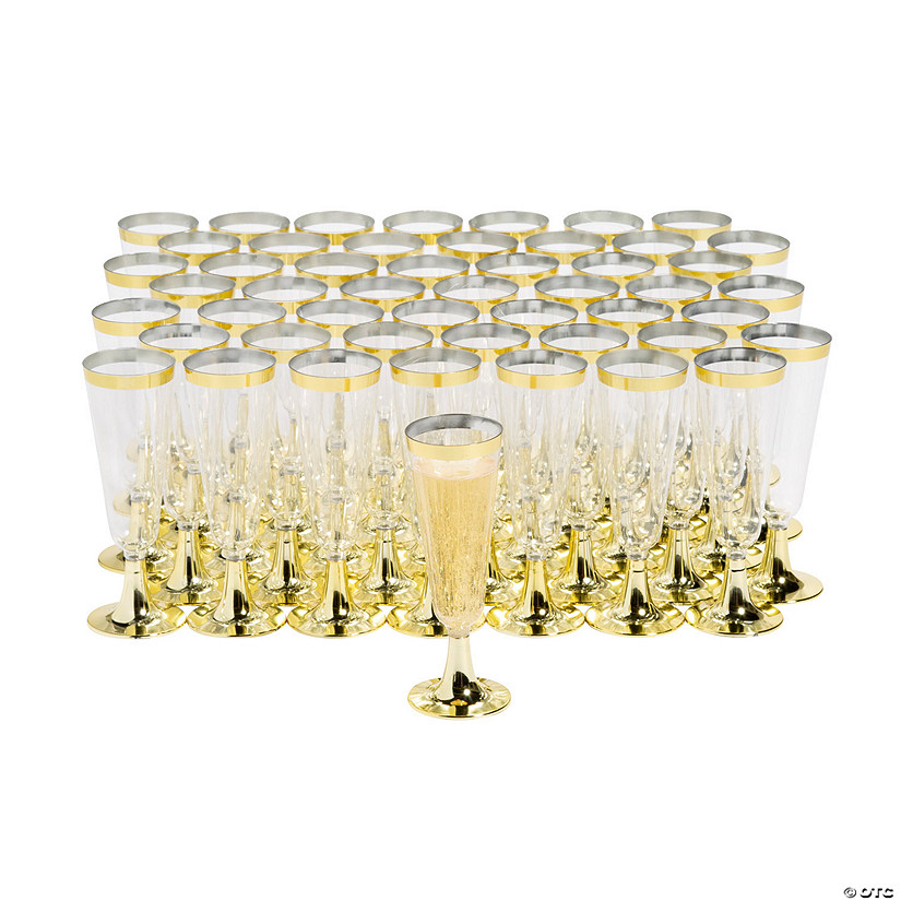 Bulk 100 Ct. Clear Plastic Champagne Flutes with Gold Trim Oriental
