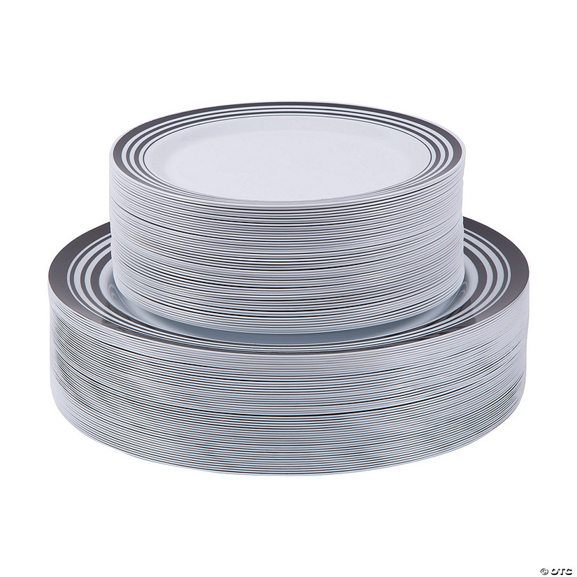 Bulk  100 Ct. Premium White Plastic Plates with Black & White Trim Image