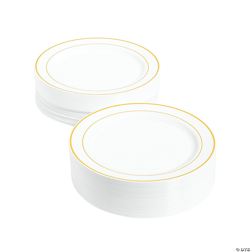 Bulk  100 Ct. White Plastic Dinner Plates with Gold Trim Image