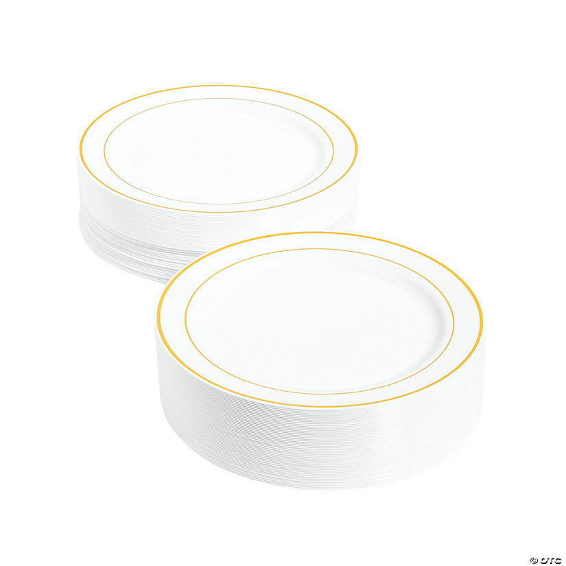 Bulk 100 Ct. White Plastic Dinner Plates with Gold Trim Oriental Trading