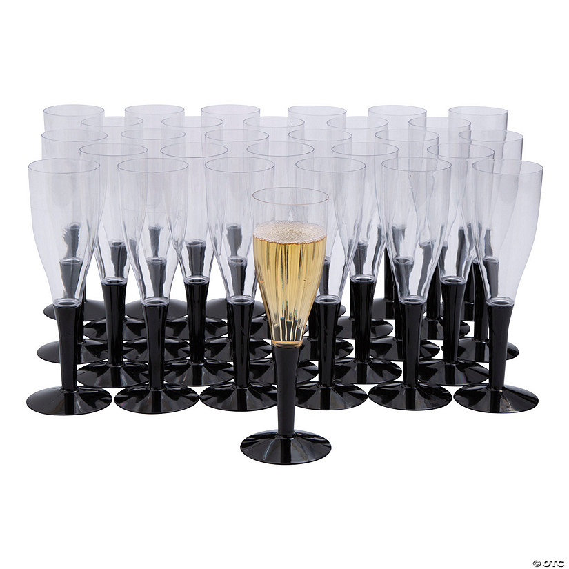 Bulk 100 Pc. Black Stem Clear Plastic Champagne Flutes Image