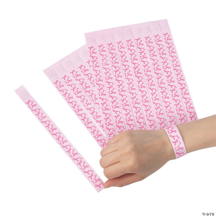 Bulk  100 Pc. Pink Ribbon Self-Adhesive Paper Wristbands Image