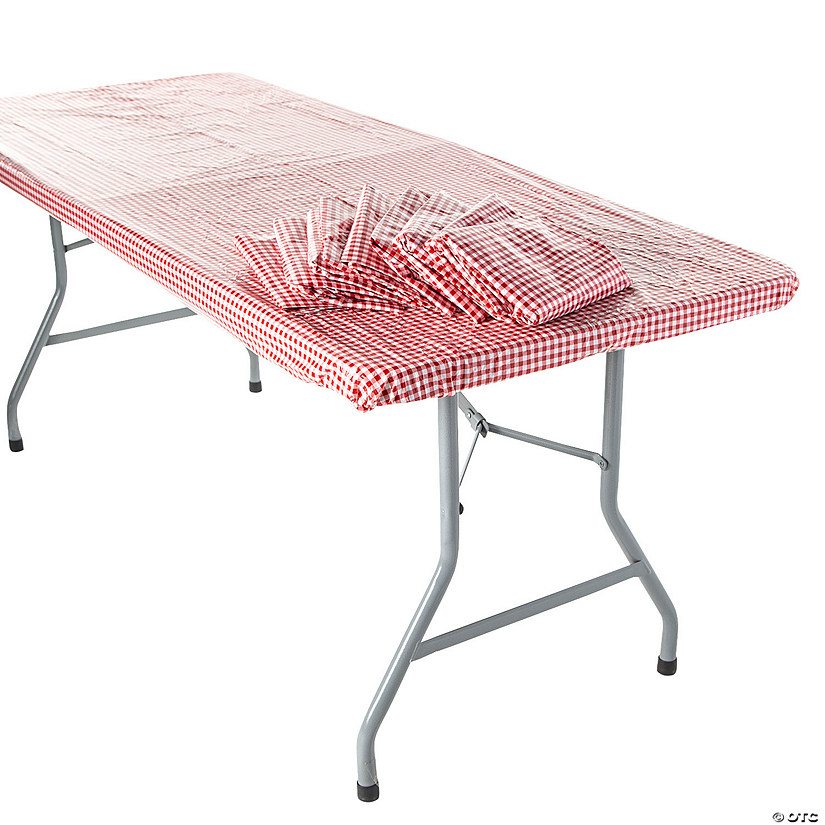 Bulk 12 Pc. 8 Ft. Red &amp; White Gingham Rectangle Fitted Disposable Plastic Tablecloths Image