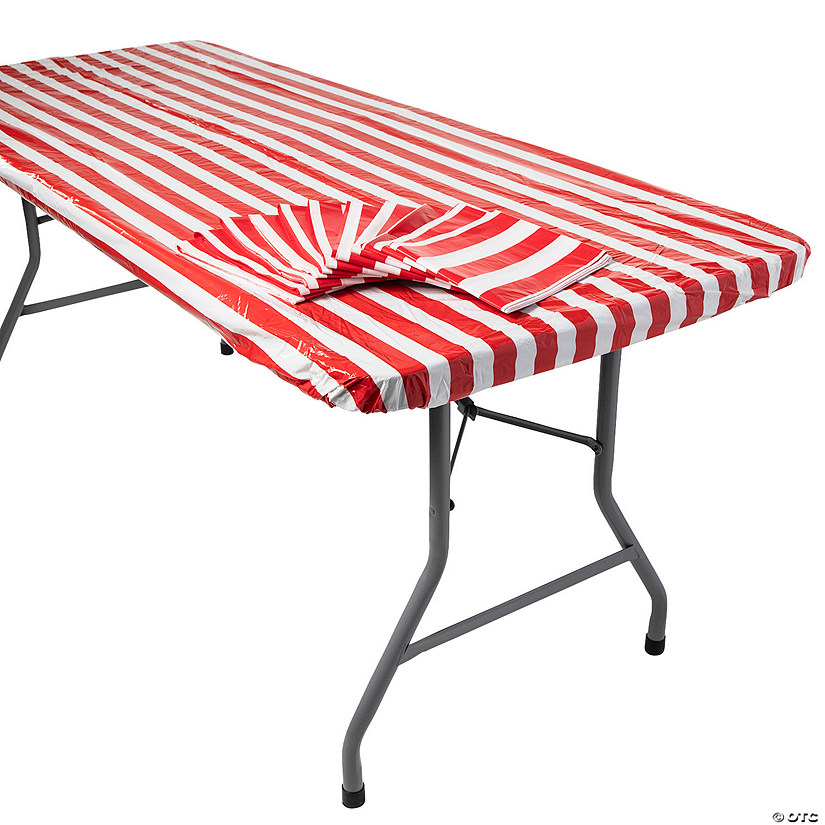 Bulk 12 Pc. 8 Ft. Red & White Striped Rectangle Fitted Plastic Tablecloths Image