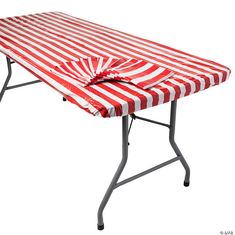 Bulk 12 Pc. 8 Ft. Red &amp; White Striped Rectangle Fitted Plastic Tablecloths Image
