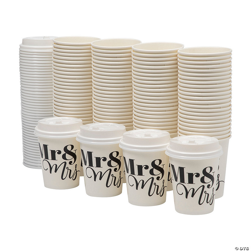 Bulk  144 Ct.  Mr. & Mrs. Wedding Paper Coffee Cups with Lids Image
