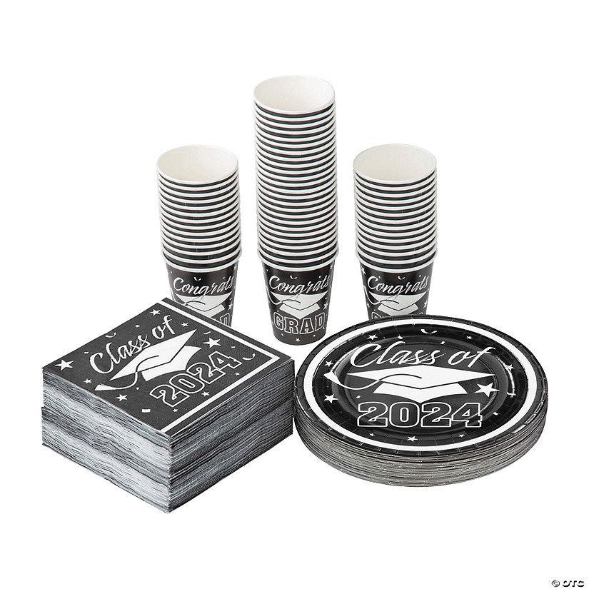 Bulk 200 Pc. Class of 2024 Graduation Party Black Disposable Tableware Kits for 50 Guests Image