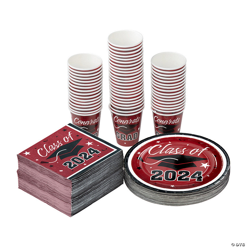 Bulk 200 Pc. Class of 2024 Graduation Party Burgundy Diposable Tableware Kits for 50 Guests Image