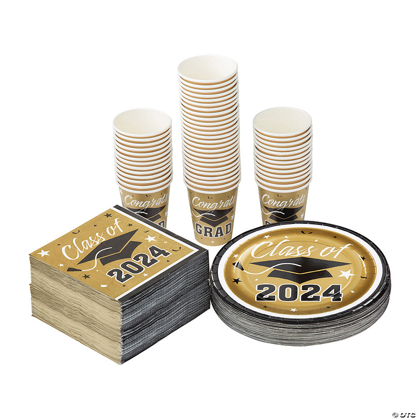 Bulk 200 Pc. Class of 2024 Graduation Party Gold Disposable Tableware Kits for 50 Guests Image