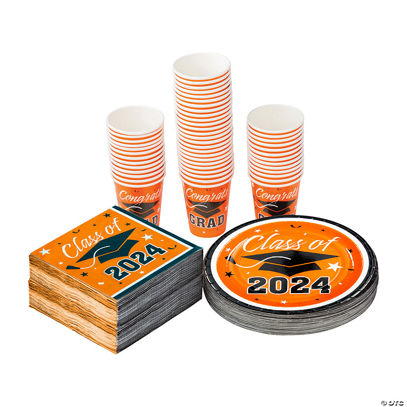 Bulk 200 Pc. Class of 2024 Graduation Party Orange Disposable Tableware Kits for 50 Guests Image