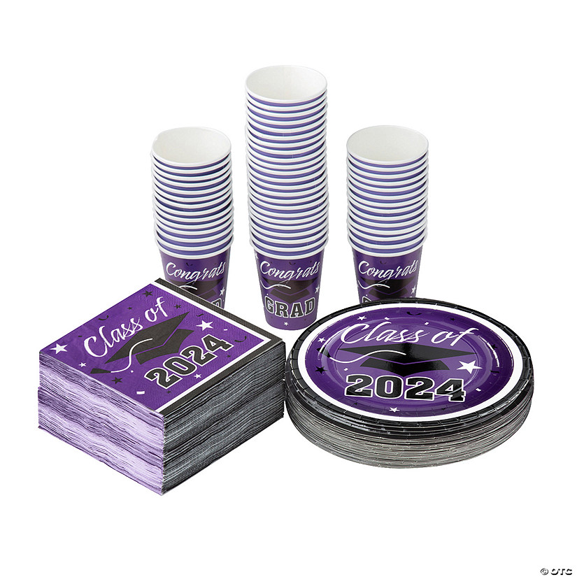 Bulk 200 Pc. Class of 2024 Graduation Party Purple Disposable Tableware Kits for 50 Guests Image