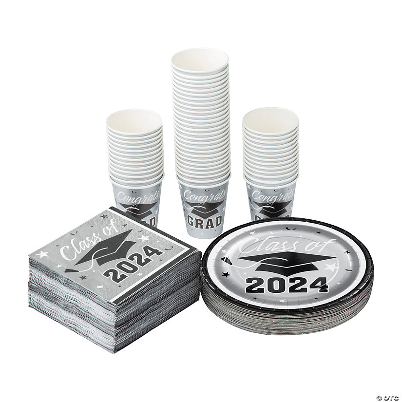 Bulk 200 Pc. Class of 2024 Graduation Party Silver Disposable Tableware Kits for 50 Guests Image