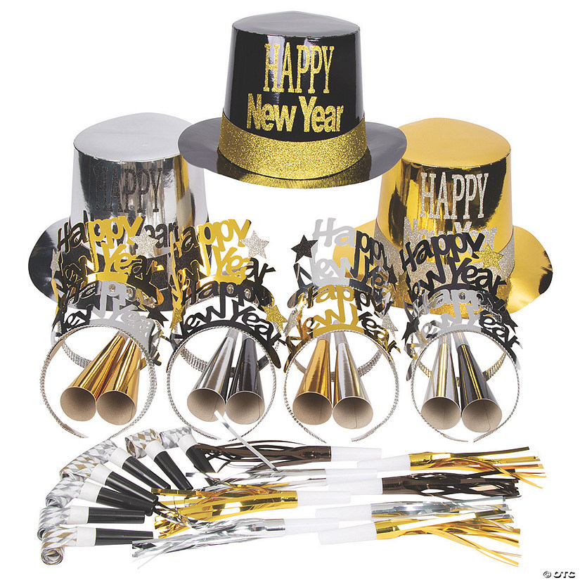 Bulk 200 Pc. New Year&#8217;s Eve Party Gold, Silver & Black Accessories Kit for 100 Image