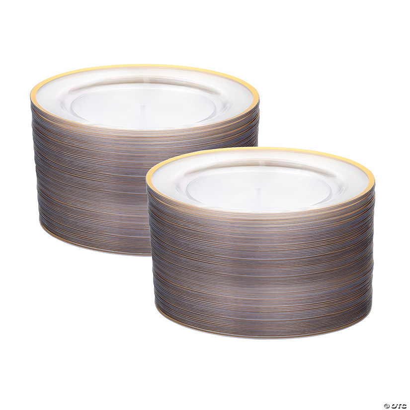 Bulk 200 Pc. Premium Clear Plastic Dinner Plates with Gold Trim