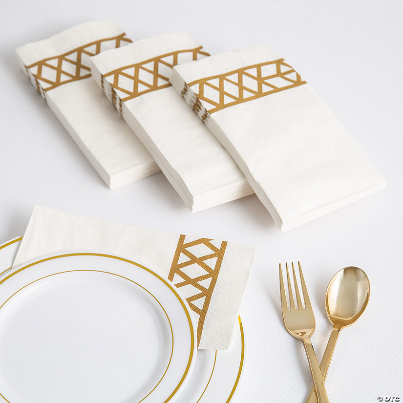 Bulk 200 Pc. Premium White Paper Napkin with Gold Design Image