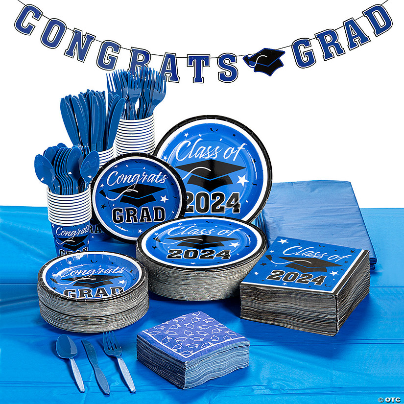 Bulk 467 Pc. Blue 2024 Graduation Disposable Tableware Kit for 50 Guests Image