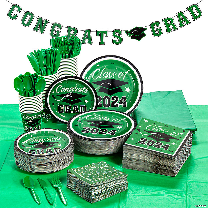 Bulk 467 Pc. Green 2024 Graduation Disposable Tableware Kit for 50 Guests Image