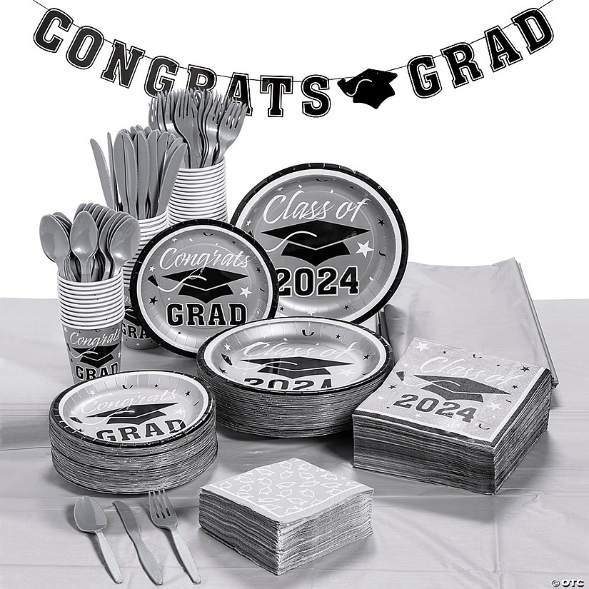 Bulk 467 Pc. Silver 2024 Graduation Disposable Tableware Kit for 50 Guests Image
