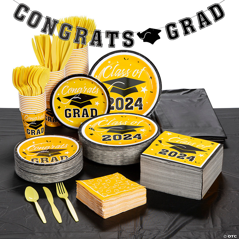Bulk 467 Pc. Yellow 2024 Graduation Disposable Tableware Kit for 50 Guests Image