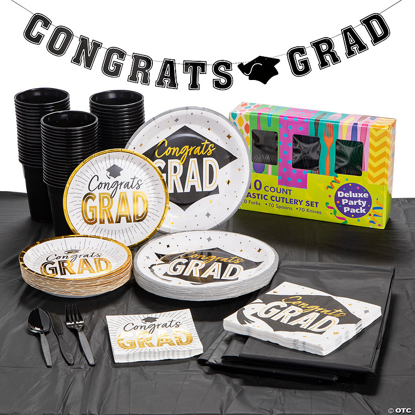 Bulk 477 Pc. Black & Gold Congrats Grad Graduation Party Tableware Kit for 50 Guests Image