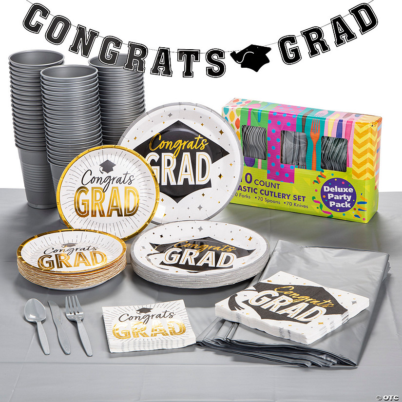 Bulk 477 Pc. Silver Congrats Graduation Tableware Kit for 50 Guests Image