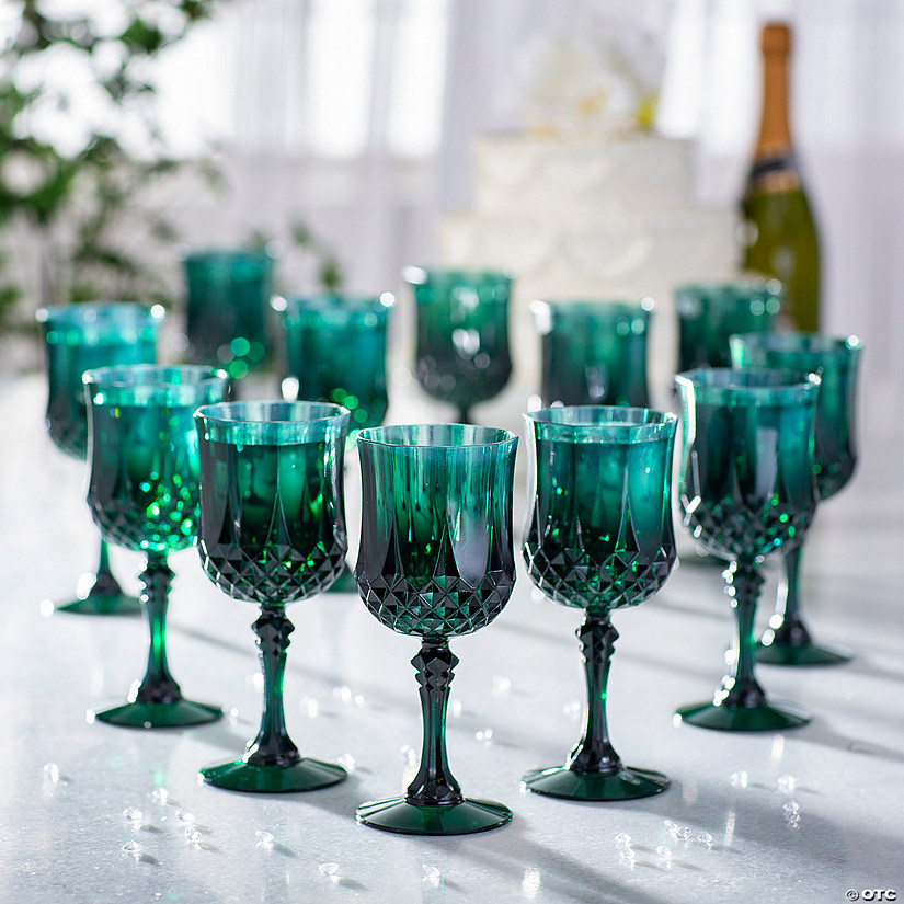 Bulk 48 Ct. 8 oz. Green Patterned Reusable Plastic Wine Glasses Image