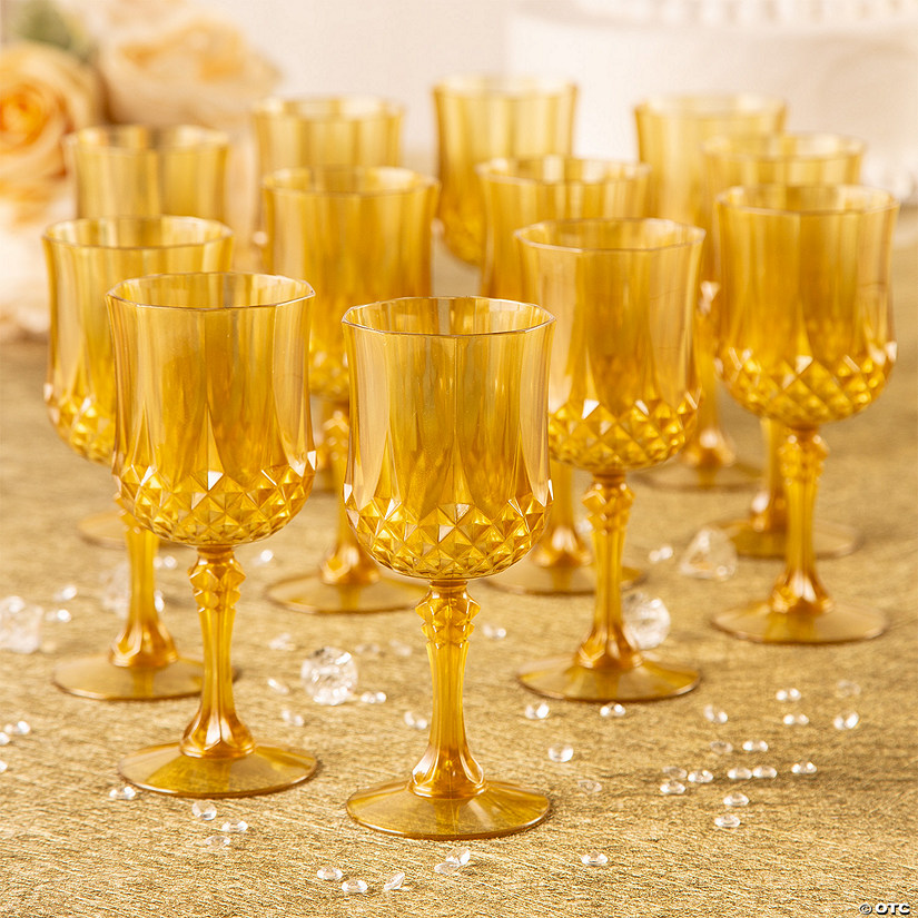 Bulk 48 Pc. Gold Patterned Disposable Plastic Wine Glasses Image