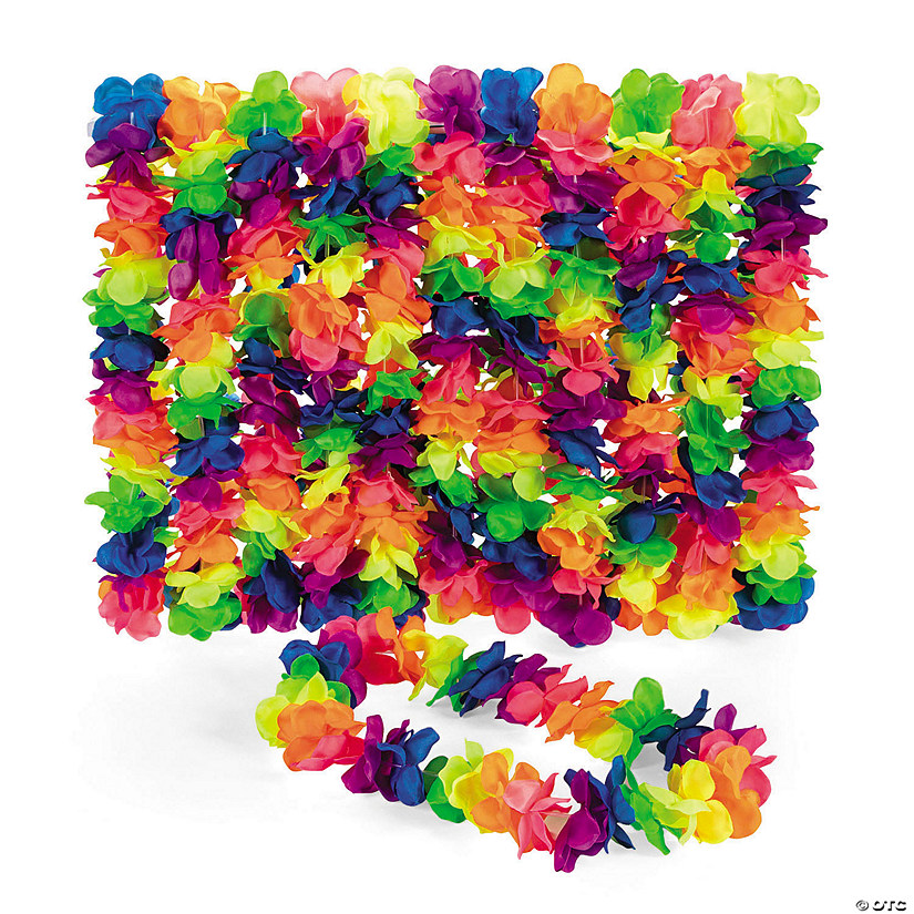 Bulk 48 Pc. Premium Neon Rainbow Large Petal Polyester Flower Leis Image