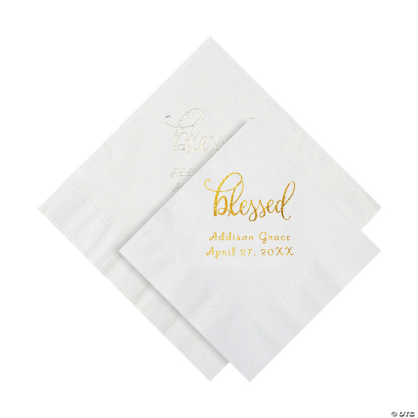 50ct White Blessed Personalized Napkins with Gold Foil Luncheon